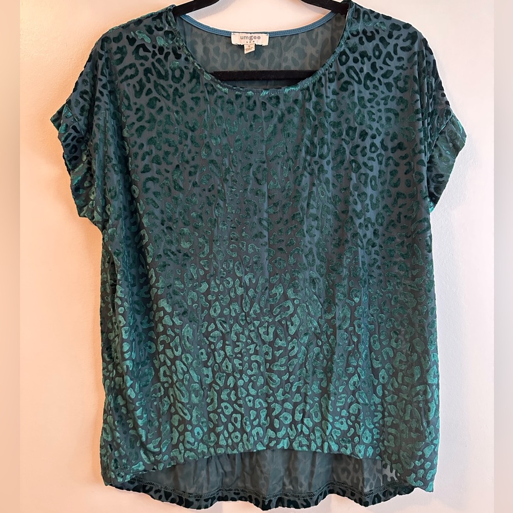 Umgee Green Velvet Cheetah Print Sheer Blouse size small